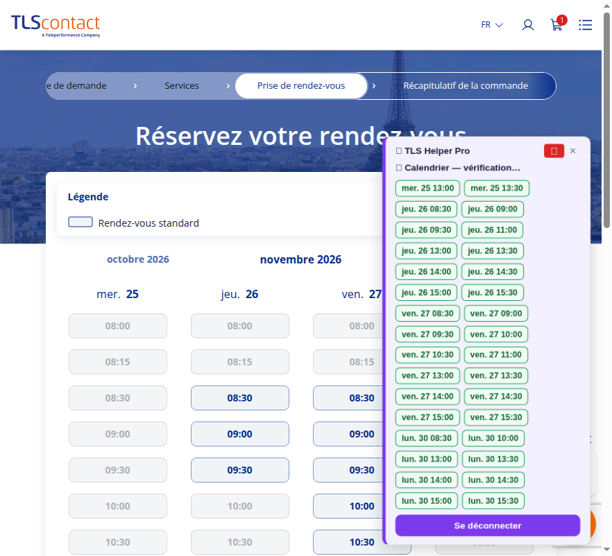 Capture d'écran du rendez-vous disponible