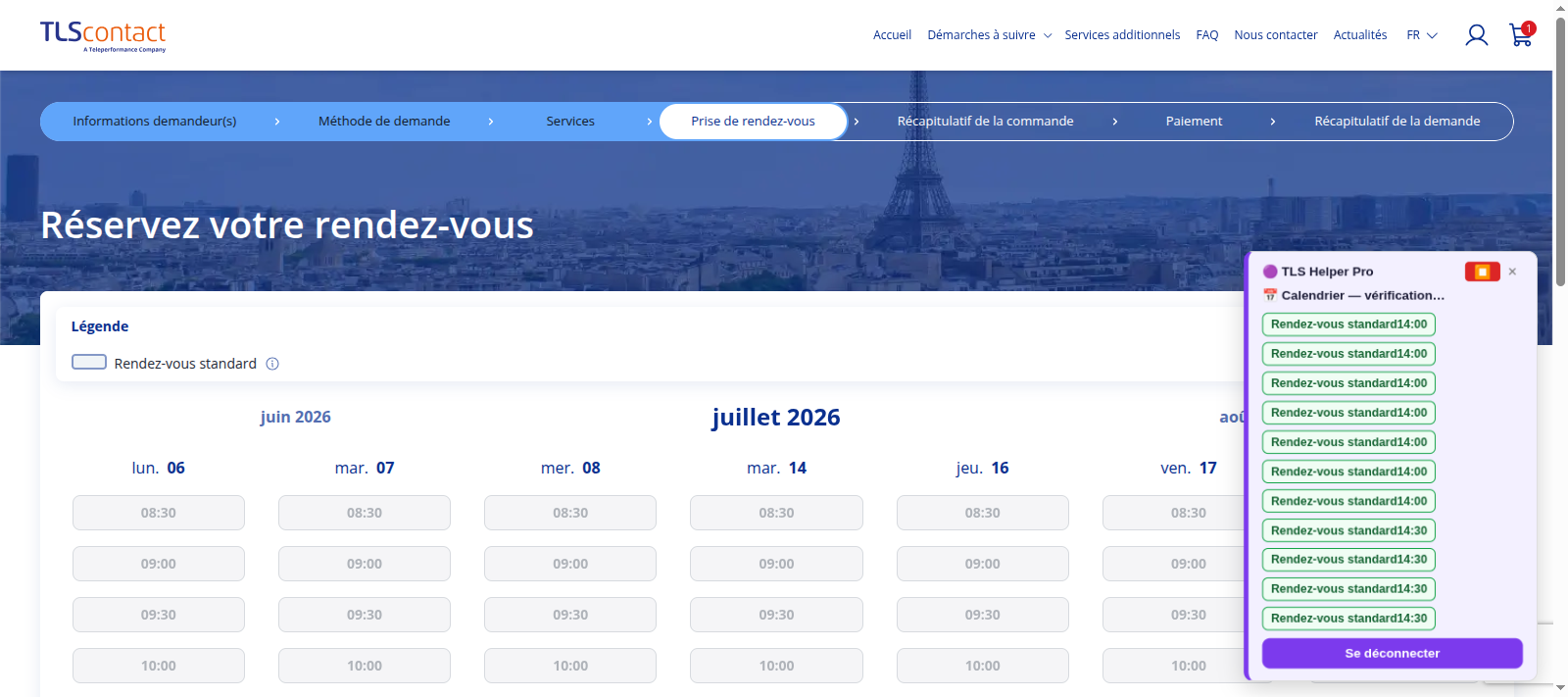 Capture d'écran du rendez-vous disponible