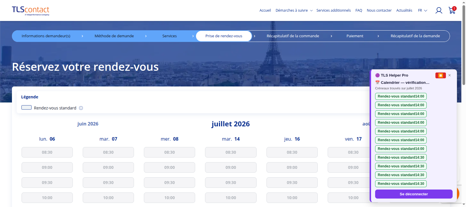 Capture d'écran du rendez-vous disponible
