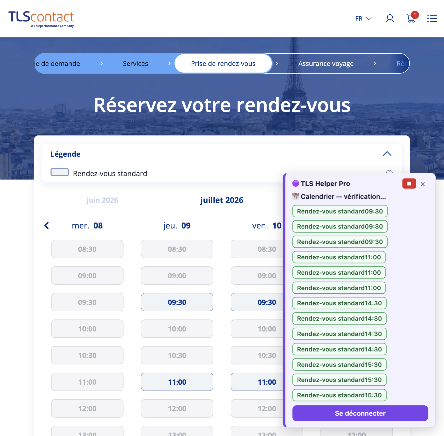 Capture d'écran du rendez-vous disponible