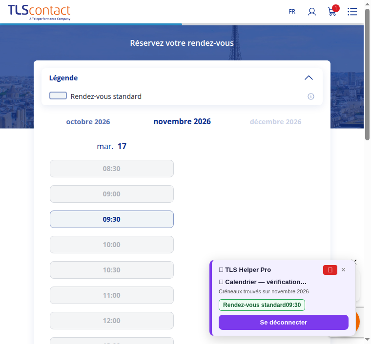Capture d'écran du rendez-vous disponible
