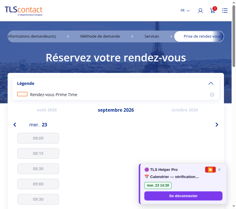 Capture d'écran du rendez-vous disponible