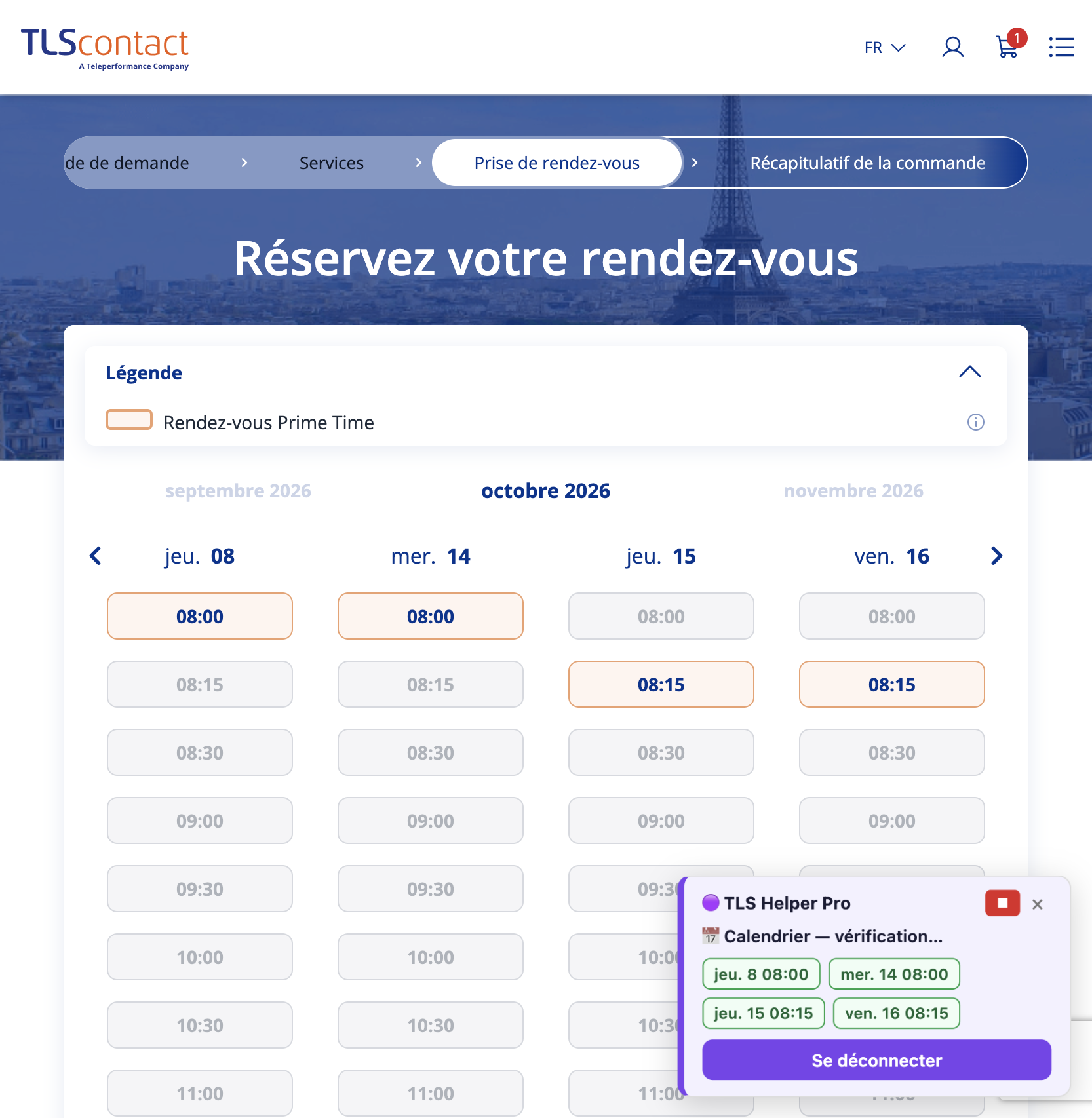 Capture d'écran du rendez-vous disponible