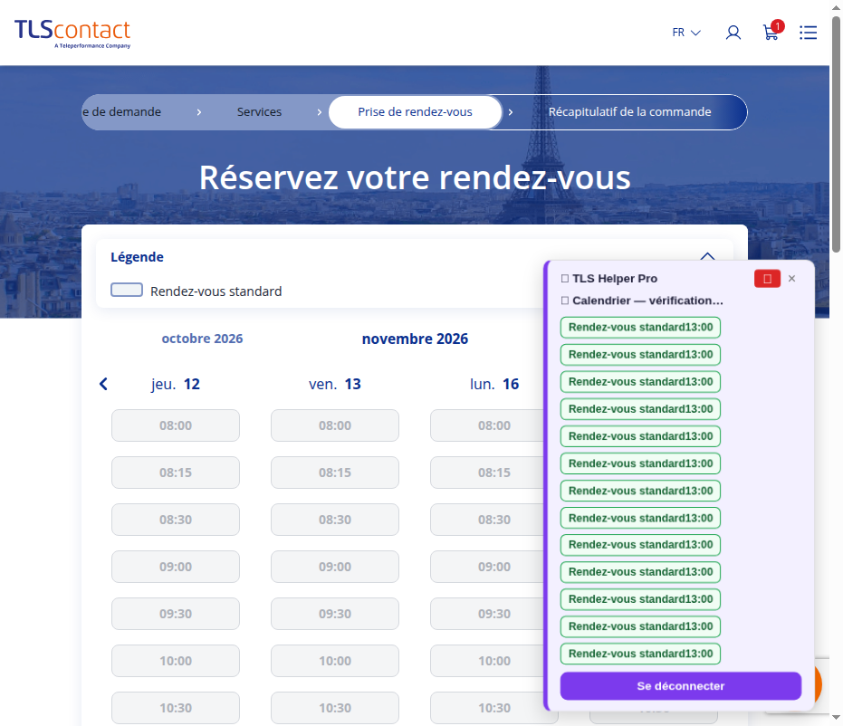 Capture d'écran du rendez-vous disponible