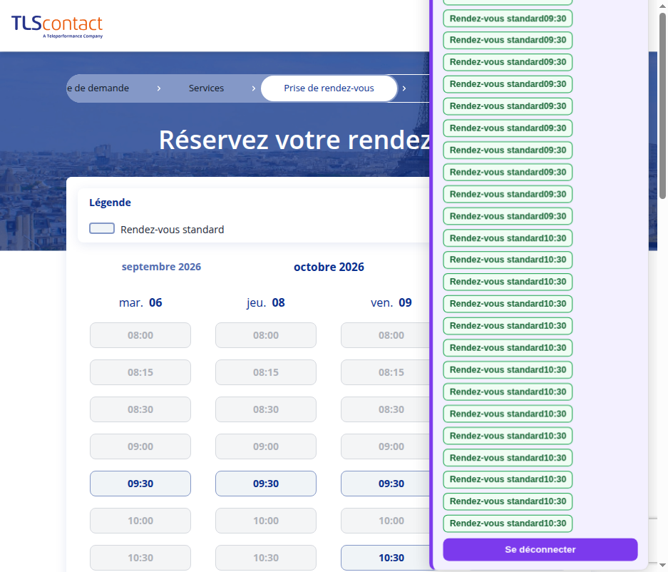 Capture d'écran du rendez-vous disponible