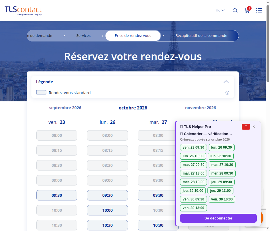 Capture d'écran du rendez-vous disponible