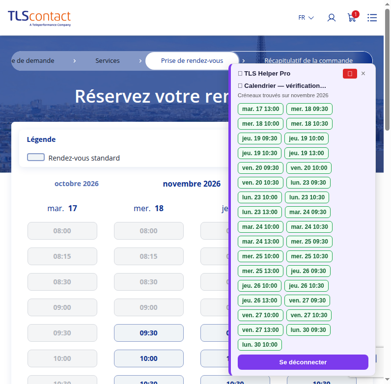 Capture d'écran du rendez-vous disponible