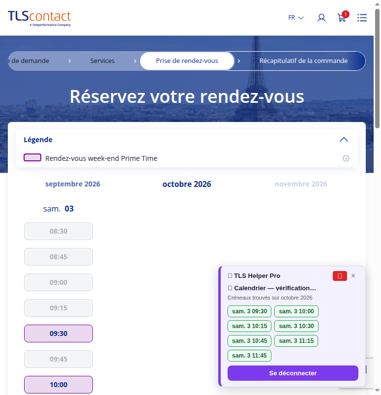 Capture d'écran des rendez-vous disponibles - 15/09/2026 à 22:00