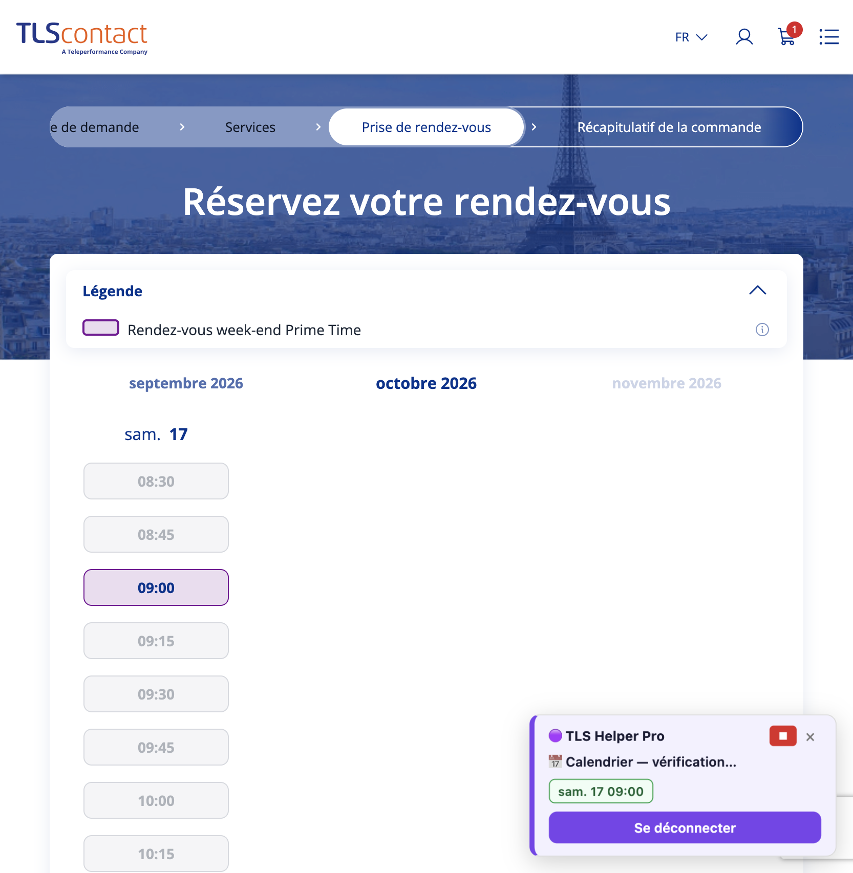 Capture d'écran du rendez-vous disponible