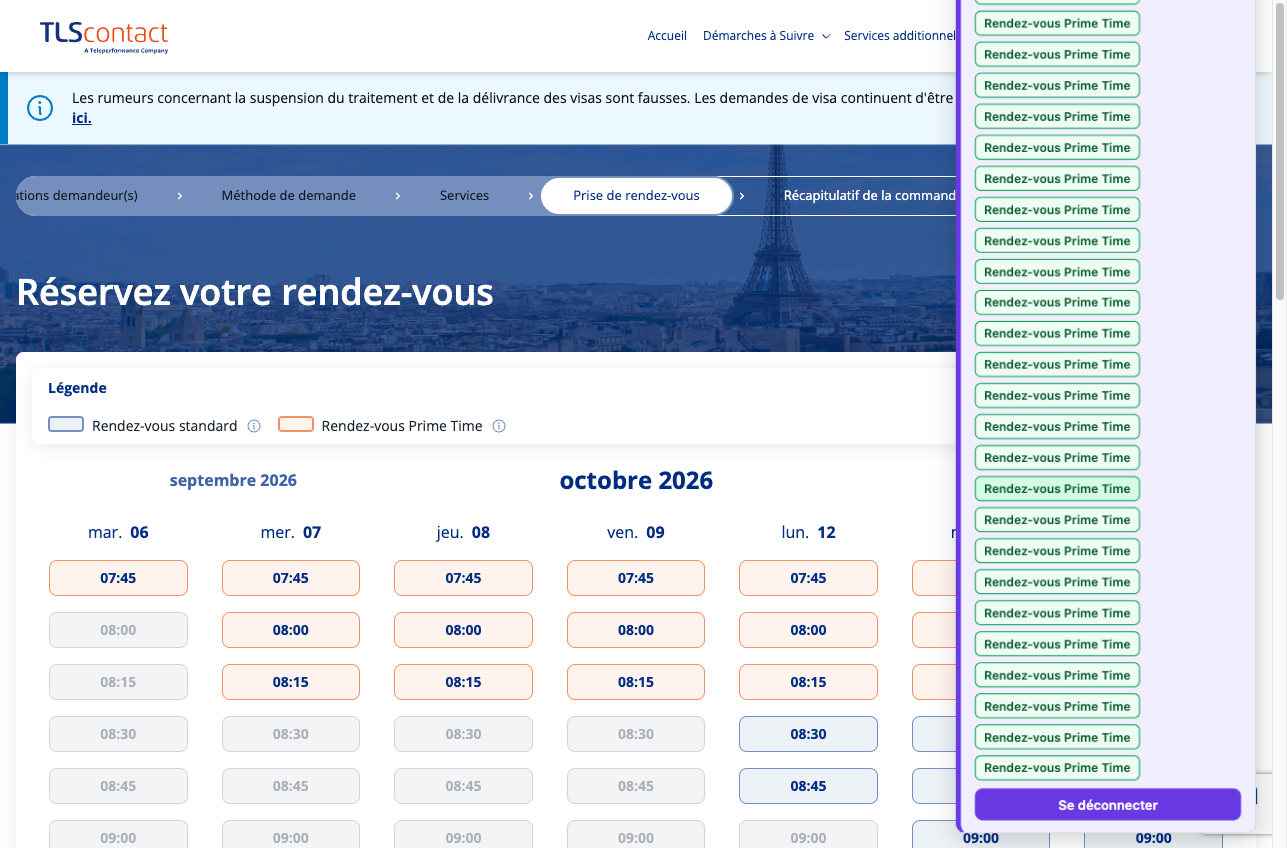 Capture d'écran du rendez-vous disponible