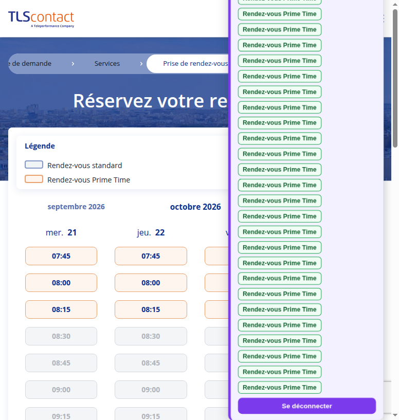 Capture d'écran du rendez-vous disponible