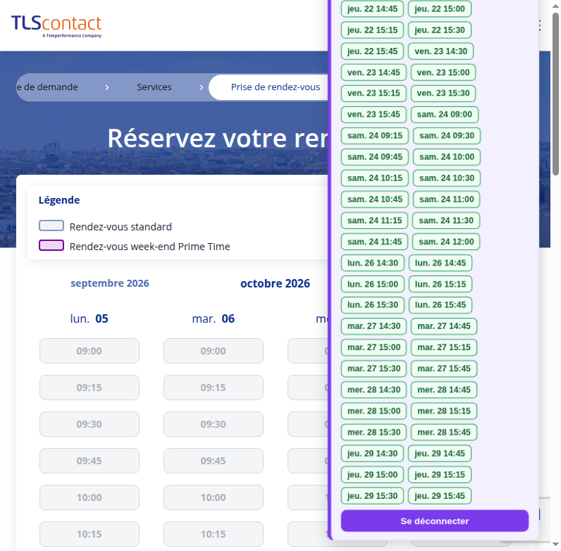 Capture d'écran du rendez-vous disponible