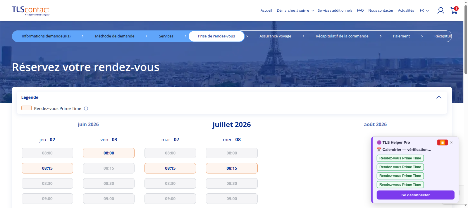 Capture d'écran du rendez-vous disponible