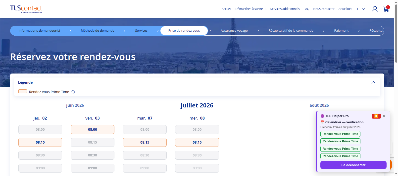 Capture d'écran du rendez-vous disponible