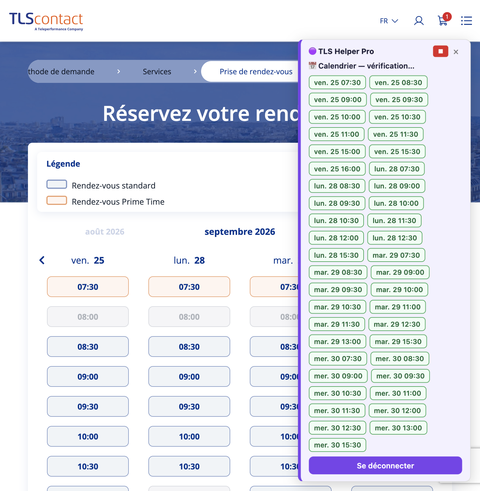 Capture du créneau TLScontact Libreville