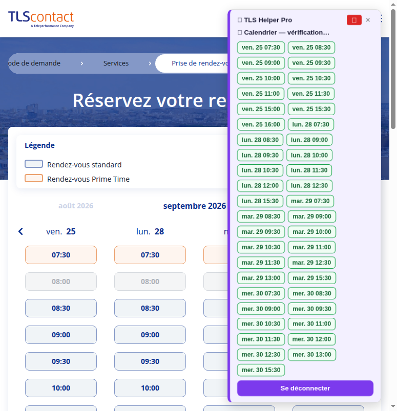 Capture du créneau TLScontact Libreville