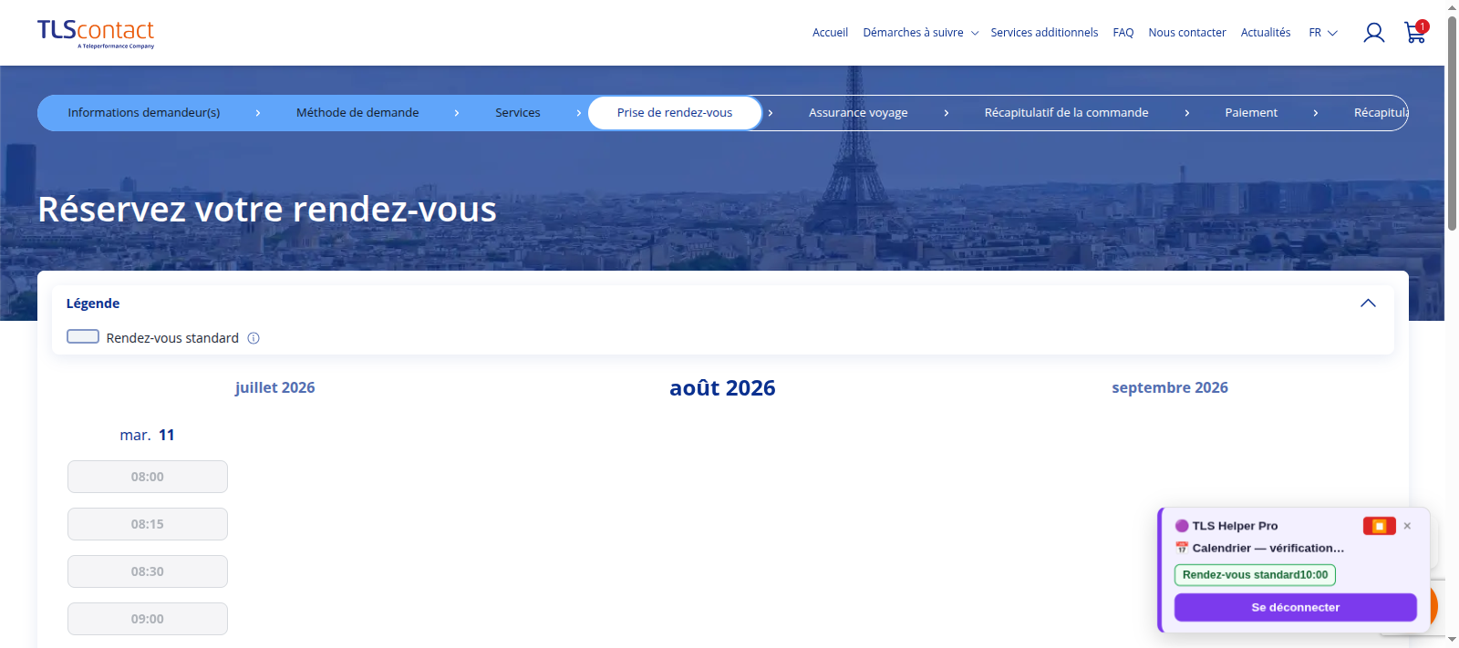 Capture d'écran du rendez-vous disponible
