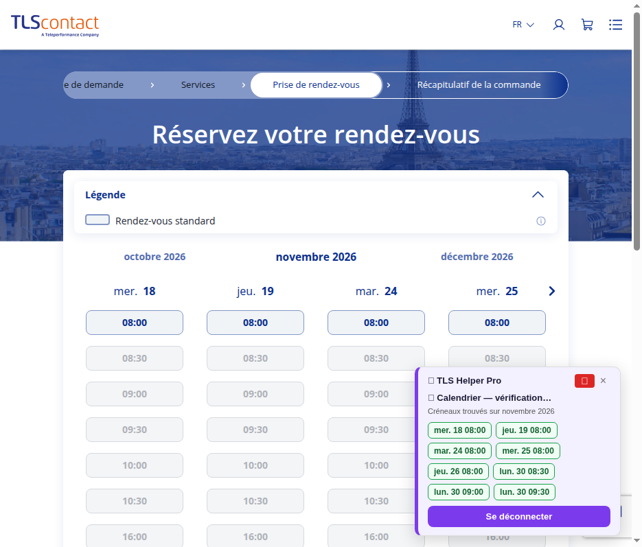 Capture d'écran des rendez-vous disponibles - 01/10/2026 à 13:08