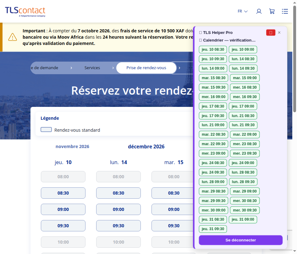 Capture d'écran du rendez-vous disponible