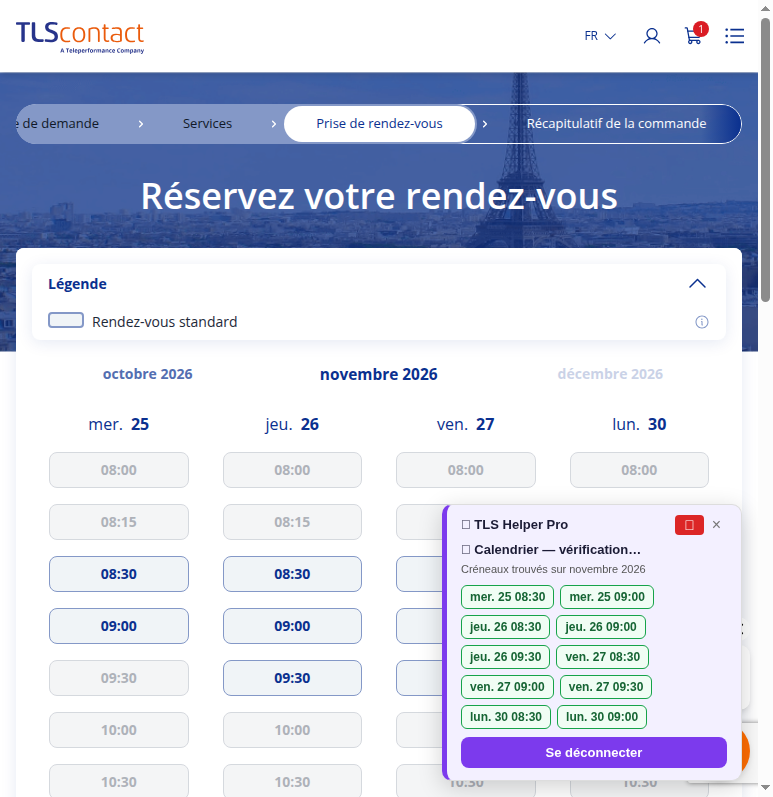 Capture d'écran du rendez-vous disponible