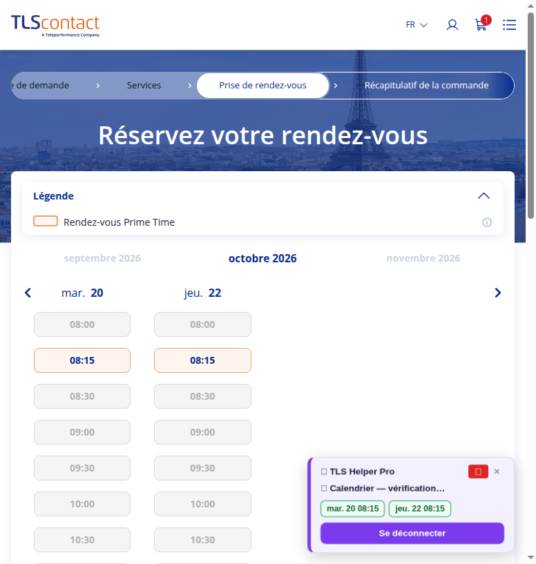 Capture d'écran du rendez-vous disponible — Centre TLS Contact Tunis